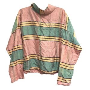 Japanalia Vintage‎ Striped Silk Mock Neck Top Pink Green Artisan Blouse Size M